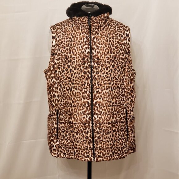 Calvin Klein Women's Leopard/Animal Print Puffer Jacket w/Faux Fur Collar, SZ 1X - Picture 2 of 12